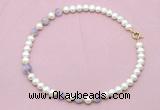 CFN707 9mm - 10mm potato white freshwater pearl & lavender amethyst necklace