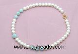 CFN716 9mm - 10mm potato white freshwater pearl & aquamarine necklace