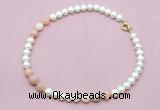 CFN721 9mm - 10mm potato white freshwater pearl & pink opal necklace