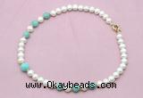 CFN722 9mm - 10mm potato white freshwater pearl & amazonite necklace