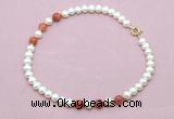 CFN737 9mm - 10mm potato white freshwater pearl & fire agate necklace