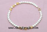 CFN740 9mm - 10mm potato white freshwater pearl & honey jade necklace