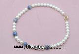 CFN742 9mm - 10mm potato white freshwater pearl & blue spot stone necklace