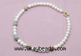 CFN761 9mm - 10mm potato white freshwater pearl & serpentine jasper necklace