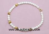 CFN765 9mm - 10mm potato white freshwater pearl & golden tiger eye necklace