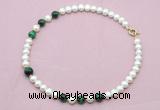 CFN768 9mm - 10mm potato white freshwater pearl & green tiger eye necklace