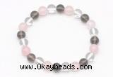 CGB8001 8mm white crystal, rose quartz & smoky quartz beaded stretchy bracelets