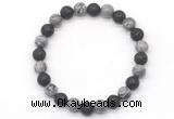 CGB8075 8mm grey picture jasper & black lava beaded stretchy bracelets