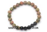 CGB8296 8mm matte unakite & black lava beaded mala stretchy bracelets