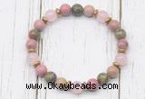 CGB8445 8mm pink wooden jasper, unakite, rose quartz & hematite power beads bracelet