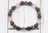 CGB8473 8mm black lava, grade AA yellow tiger eye, rose quartz & hematite power beads bracelet