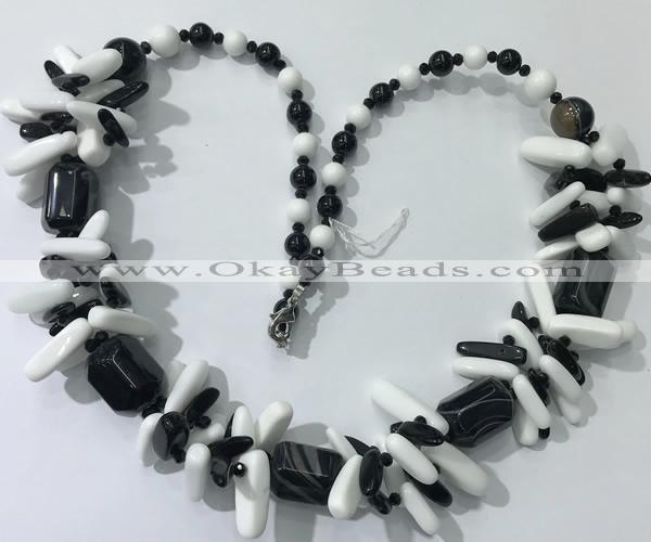 CGN317 chinese crystal, white porcelain & black agate beaded necklaces