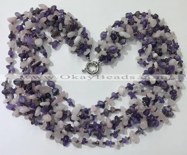 CGN734 19.5 inches stylish 6 rows amethyst & rose quartz chips necklaces