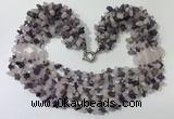 CGN759 20 inches stylish 6 rows amethyst & rose quartz chips necklaces