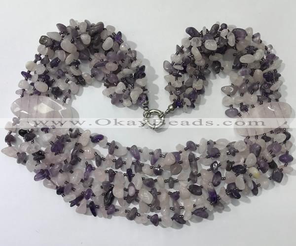 CGN759 20 inches stylish 6 rows amethyst & rose quartz chips necklaces