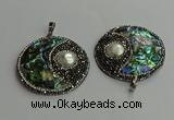 CGP710 45mm flat round abalone shell & shell pearl pendants