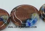 CLG555 16 inches 20mm flat round goldstone & lampwork glass beads