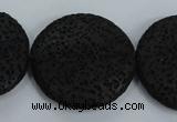 CLV51 15.5 inches 32mm flat round black natural lava beads wholesale