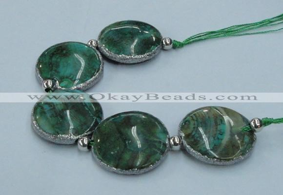 CNG2190 7.5 inches 30mm flat round agate beads with brass setting