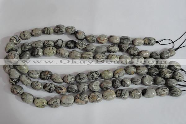 CNG557 15.5 inches 10*14mm nuggets grey picture jasper beads