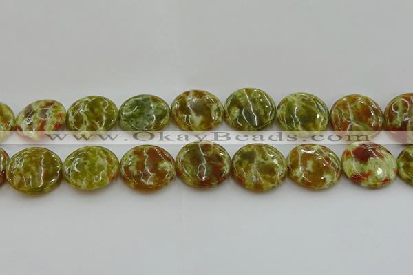 CNS627 15.5 inches 25mm flat round green dragon serpentine jasper beads