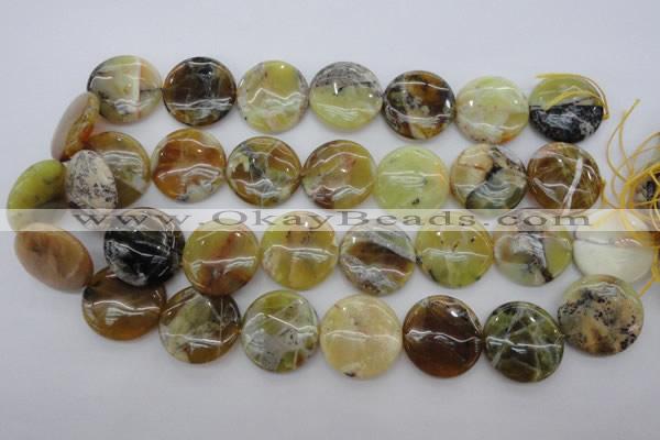 COP596 15.5 inches 25mm flat round natural yellow & green opal beads