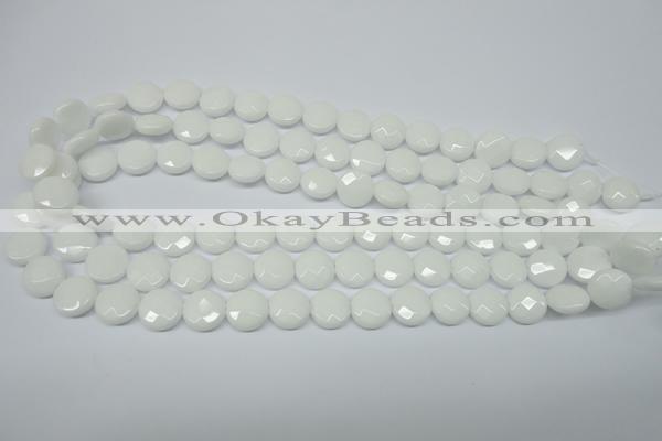 CPB301 15 inches 12mm faceted coin white porcelain beads