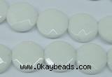 CPB302 15 inches 14mm faceted coin white porcelain beads