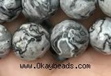 CPJ644 15.5 inches 12mm faceted round grey picture jasper beads