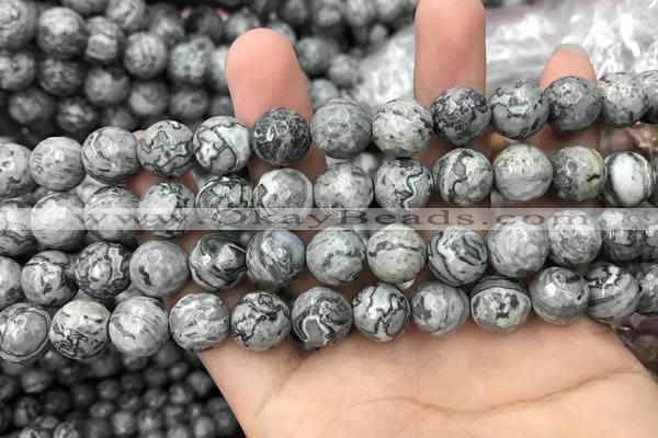 CPJ644 15.5 inches 12mm faceted round grey picture jasper beads