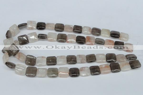 CPQ112 14*14mm square natural pink crystal & smoky quartz beads