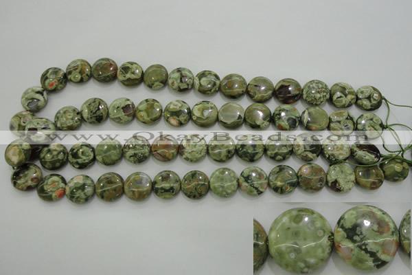 CPS142 15.5 inches 14mm flat round green peacock stone beads