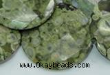 CPS88 15.5 inches 40mm faceted flat round green peacock stone beads