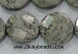 CPT126 15.5 inches 25mm faceted coin grey picture jasper beads