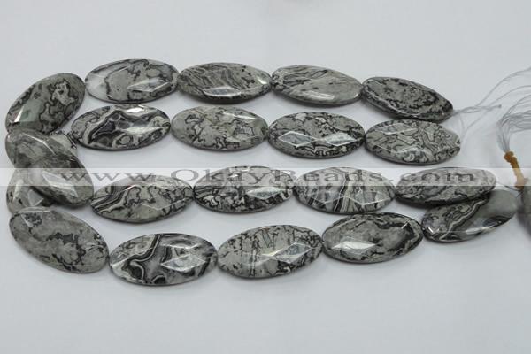 CPT128 15.5 inches 20*40mm faceted oval grey picture jasper beads