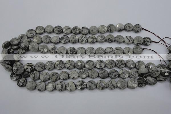 CPT140 15.5 inches 12mm faceted coin grey picture jasper beads