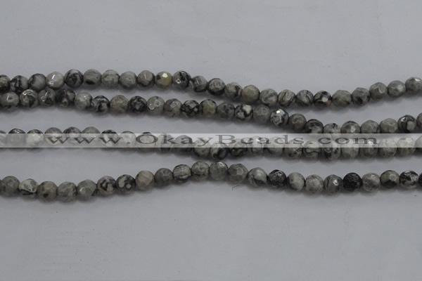 CPT186 15.5 inches 4mm faceted round grey picture jasper beads