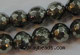 CPY107 15.5 inches 8mm faceted round pyrite gemstone beads wholesale