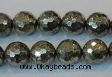 CPY110 15.5 inches 14mm faceted round pyrite gemstone beads wholesale