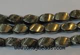 CPY345 15.5 inches 6*10mm twisted rice pyrite gemstone beads wholesale