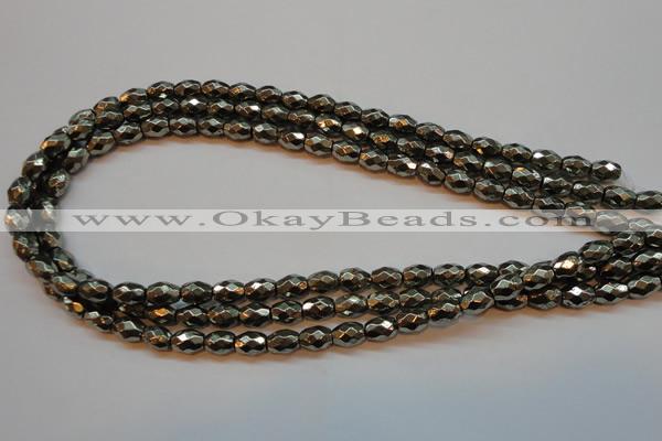 CPY371 15 inches 6*8mm faceted rice pyrite gemstone beads