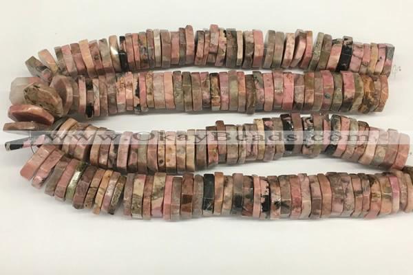 CRB1086 15.5 inches 5*20mm - 6*22mm faceted heishi rhodonite beads