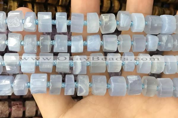 CRB2186 15.5 inches 9mm - 10mm faceted tyre blue chalcedony beads