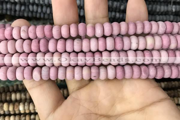 CRB5013 15.5 inches 4*6mm rondelle matte pink wooden fossil jasper beads