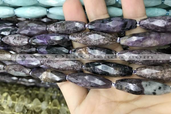 CRI114 15.5 inches 10*30mm faceted rice charoite gemstone beads