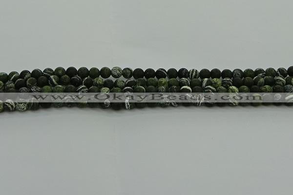 CRO1120 15.5 inches 4mm round matte green silver line jasper beads