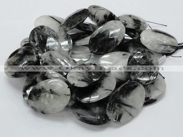 CRU21 15.5 inches 35*50mm faceted oval black rutilated quartz beads