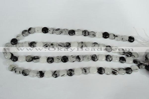 CRU338 15.5 inches 10mm flat round black rutilated quartz beads