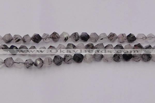 CRU513 15.5 inches 10mm faceted nuggets black rutilated quartz beads