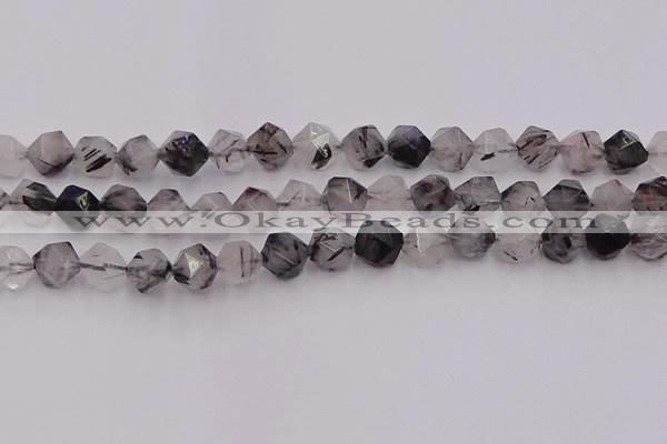 CRU514 15.5 inches 12mm faceted nuggets black rutilated quartz beads